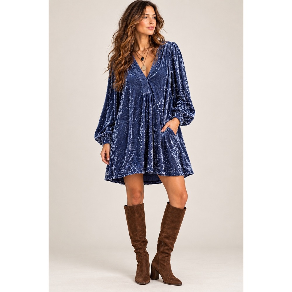 Anthropologie Blue Crushed Velvet V-Neck Mini Dress Long Sleeve Pockets XL Boho